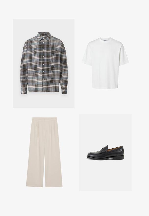 Langärmliges Hemd mit Knopfverschluss im blau-braun-beigen Karomuster und einer Brusttasche auf hellem Hintergrund.; Weißes Baumwoll-T-Shirt mit kurzen Ärmeln, Rundhalsausschnitt und lässigem Schnitt. Glatte Textur ohne sichtbare Muster oder Akzente.; Beige weite Hose mit flachem Bund, Falten und elastischem Bund. Hergestellt aus einem leichten Stoff mit glatter Textur.; Schwarze Leder Slipper mit glatter Oberfläche, runder Spitze und dekorativer Naht auf dem Vorderblatt. Niedriger Blockabsatz und leichter Glanz.
