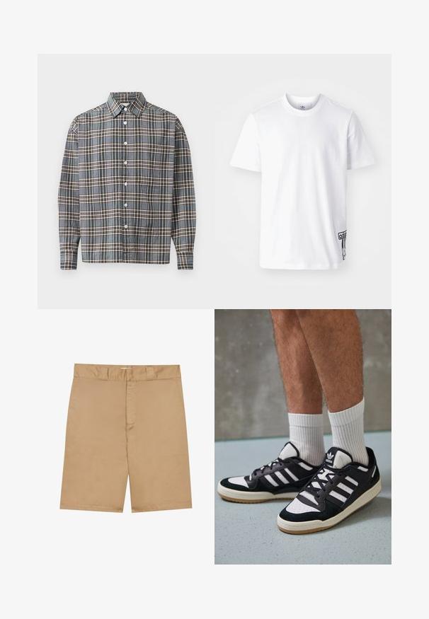 Chemise à manches longues à boutons avec un motif tartan bleu, brun et beige et une poche poitrine sur un fond clair.; T-shirt en coton blanc avec des manches courtes, col rond et un patch logo Adidas noir en bas à gauche. Texture lisse.; Shorts kaki avec une taille plate, fermeture éclair à l'avant et poches latérales ; fabriqués dans un tissu lisse et léger avec une texture subtile.; Baskets noir et blanc avec une tige en suède et cuir, comportant trois rayures blanches, un bout perforé et une semelle en caoutchouc gum.