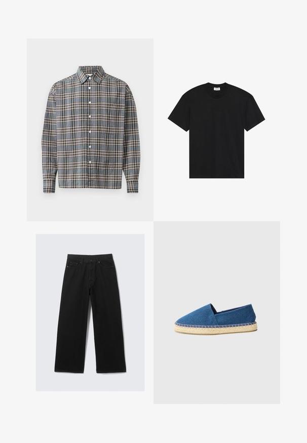 Langermige overhemd met knopen, in een blauw, bruin en beige ruitpatroon, met een borstzakje op een lichte achtergrond.; Zwart katoenen T-shirt met korte mouwen. Heeft een klassieke ronde hals en een comfortabele pasvorm zonder zichtbare patronen of accenten.; Zwarte wijdvallende broek van denim, met een klassieke vijf-pocketontwerp en een gestructureerde tailleband met riemlussen.; Blauwe canvas espadrille met een gesloten neus, jute zool en gestikt profiel. Gladde stoffen textuur en een laag profiel ontwerp.
