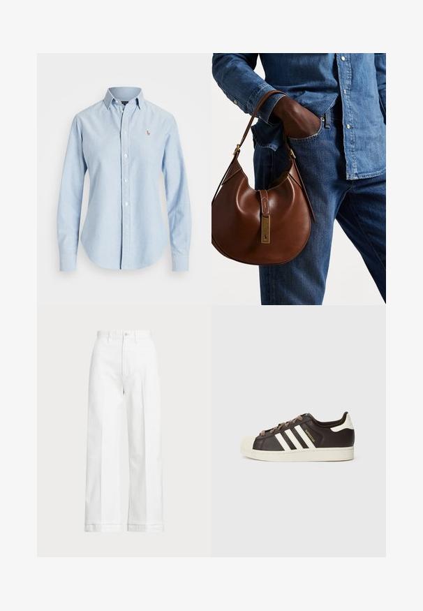 Gaiši zils krekliņš ar garām piedurknēm, izgatavots no kokvilnas, ar norādītu apkakli un mazu izšuvumu kreisajā krūtī.; Baltas platās bikses ar augstu jostasvietu, ar pogu aizdari un smalkiem izšuvumiem. Izgatavotas no kokvilnas ar gludu tekstūru.; Zema tipa Adidas Superstar sporta apavu tumši brūnā āda ar krēmkrāsas purngalu, baltām svītrām un uzrakstu „Superstar” sānos.; Brūna ādas hobo soma ar noapaļotu formu, ar zelta aparatūras akcentu un kontrastējošiem diegiem. Apvienota ar džinsa kreklu un džinsiem.