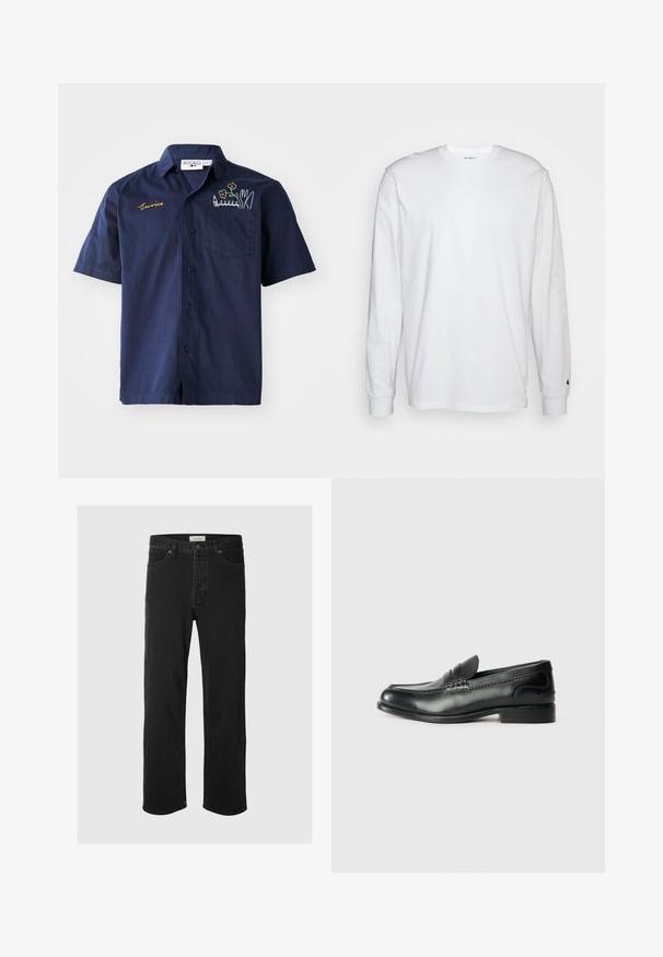 Navy kortermet skjorte i bomull. Har knappelukking, brystlomme med blomster- og blyantbroderi, og "Service" brodert i gull.; Hvit langermet T-skjorte laget av bomull. Rund hals-design med ribbestrikkede mansjetter og en liten logo på venstre erme. Glatt tekstur.; Svarte denimjeans med rett ben har et klassisk fem-lommers design, knappestengning, minimal søm og en myk tekstur.; Sorte lærloafers med en glat overflade, syede detaljer over vamps og en let hævet hæl.