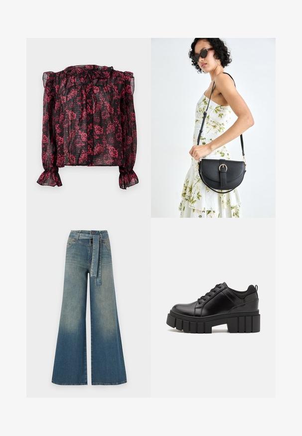 Črna prosojna bluzica z rdečim cvetličnim vzorcem, z nabiranjem okoli vratu in dolgimi rokavi z elastičnimi manžetami. Ima gumbno zapiranje spredaj.; Široke jeans hlače z gradientom od svetlo do temno modre, visokim pasom, zankami za pas in pasom iz istega materiala. Tekstura denim končnica.; Črne usnjene platforme z debelim blokastim petam, okroglo konico in klasičnim vezanjem. Imajo gladko teksturo in minimalne podrobnosti.; Črna usnjena torbica s ukrivljeno obliko, z odstranljivo naramnico in zlatimi dodatki. Torbica ima pokrov s podrobnostmi v obliki zaponke.