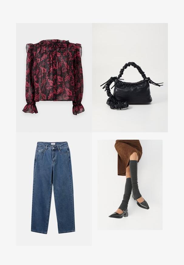 Black sheer blouse with red floral pattern, ruffled neckline, and long sleeves with elastic cuffs. Features button closure down the front.; Classic blue denim jeans with a straight-leg design, five pockets, and a button closure. Features a medium wash and sturdy texture.; Black patent leather pointed-toe shoes with a block heel and ankle strap, paired with gray ribbed leg warmers and a brown suede skirt.; Black faux leather handbag with a crocodile texture, cinched top, and a scrunched strap. Appears soft and compact in design.