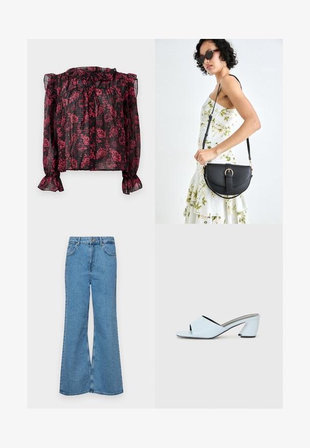 Blusa preta transparente com padrão floral vermelho, decote franzido e mangas longas com punhos elásticos. Apresenta fecho de botão na frente.; Jeans de brim azuis claros, com corte à boca de sino, apresentando uma cintura alta, cinco bolsos e um fecho de botão único. Textura macia com acabamento desbotado.; Mules de salto aberto de cor azul clara com um design geométrico, apresentando uma faixa larga sobre o pé e um salto chunky e angular.; Bolsa de couro preta com forma curva, alça destacável e detalhes em dourado. A bolsa possui uma aba com detalhe de fivela.