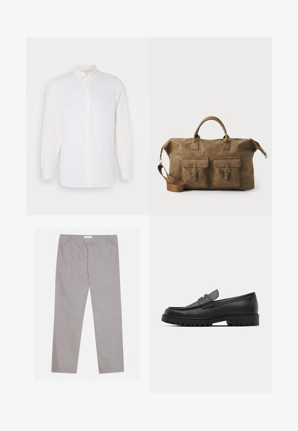 Bijela lanena košulja dugih rukava s ovratnikom na gumbe, koja ima prednju plosnatu s bež gumbima, glatku teksturu i opušteni kroj.; Svijetlosive pamučne hlače s elastičnom pojasom, dva bočna džepa, ravni kroj nogavica i glatka tekstura. Jednostavni detalj šivanja.; Crne kožne mokasine s zaobljenim vrhom, s ušivenim dizajnom, niskom platformom i teksturiranim, gumenim potplatom s izbočinama.; Smeđi kožni putni kovčeg s dva prednja džepa, podesivim remenom za rame, zlatnim detaljima i čvrstim gornjim ručkama. Glatka tekstura.