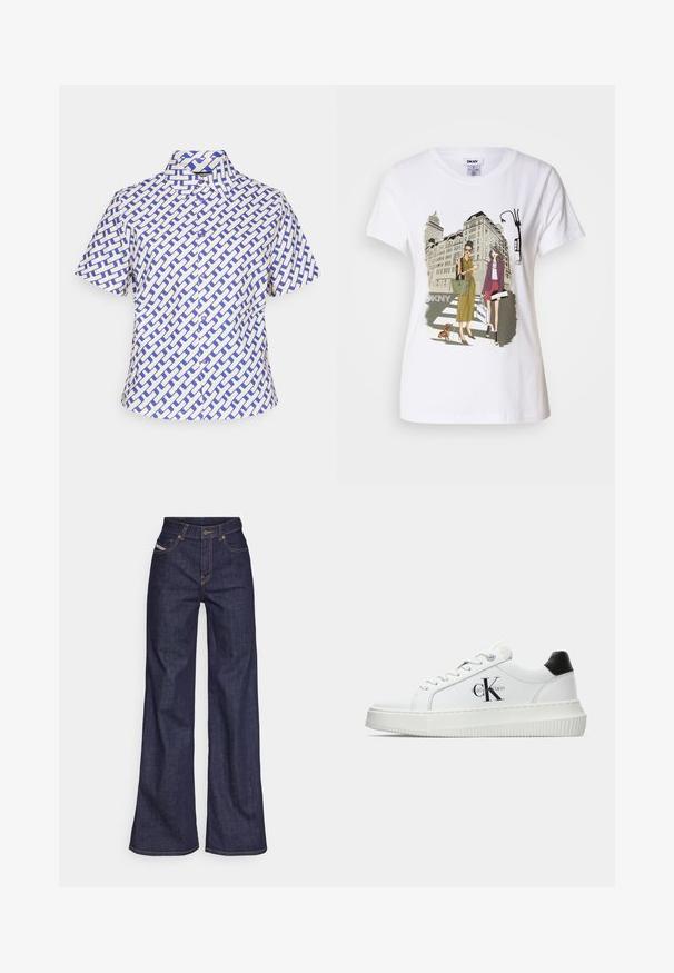 Kortermet skjorte i hvit og blå, med et geometrisk vevd mønster, krage med knapper og knapper foran.; Hvit bomulls T-skjorte med trykt illustrasjon av to kvinner i urbane motestiler med en hund på et fotgjengerfelt og bybygninger.; Mørkeblå vide jeans i denim med høy midje, med oransje sømmer, fem-lomme-design og knappelukking.; Hvite lavsko med svart hæltab, plattformsåle, snøringer og Calvin Klein "CK" logo på siden.