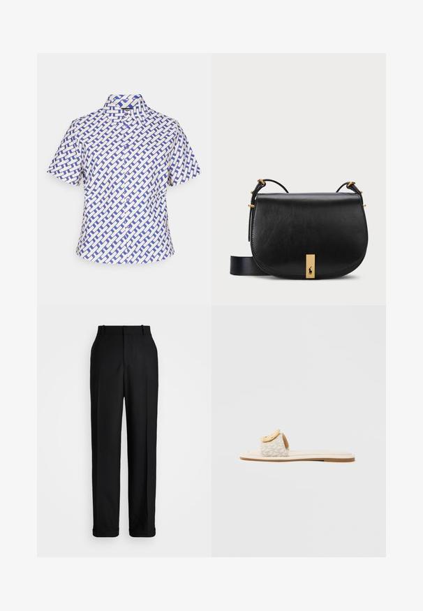 Short-sleeve shirt in white and blue, featuring a geometric woven pattern, button-down collar, and front buttons.; Polo Ralph Lauren HIGH RISE RELAXED STRAIGHT TROUSER - Trousers - black; Slide sandal featuring a beige strap with a geometric pattern, a rounded yellow accent on the upper, and a flat, light sole.; Black leather crossbody bag with a gold-toned metal accent and adjustable strap, featuring a smooth texture and curved shape.