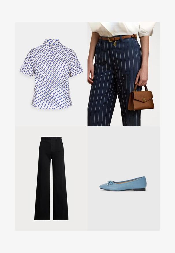 Short-sleeve shirt in white and blue, featuring a geometric woven pattern, button-down collar, and front buttons.; Black wide-leg pants made of woven fabric, featuring a high waist, front button closure, and side pockets. Smooth texture with clean lines.; Light blue leather ballet flat with a pointed toe, featuring a small bow accent and a low black heel. Smooth texture with stitching details.; Brown textured handbag with gold hardware, held beside navy striped pants featuring white vertical lines. Simple, structured design.