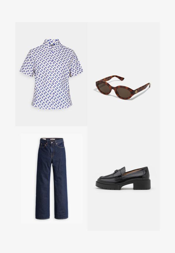 Short-sleeve shirt in white and blue, featuring a geometric woven pattern, button-down collar, and front buttons.; Dark blue straight-leg denim jeans with five pockets, orange stitching, and a button fly closure.; Black leather loafer with a low block heel, rounded toe, decorative strap, and textured stitching detail on the upper. Smooth finish.; Tortoiseshell sunglasses with rounded frames, dark lenses, and gold logo detailing on the temples. Smooth plastic material, no visible patterns.