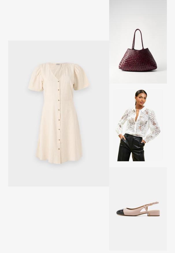 Valge pitsist pluus, millel on lillemustrid, krae ja nööbiga sulgemine. Läbipaistev kangas, pika varrukaga ja kogutud mansettidega.; Heledbeez kleit V-kaelusega, lühikeste puffvarrukatega ja lõtvade seelikutega. Sellel on ees nupud ja pehme, tekstuuriga kude.; Slingback kingad roosa nahast pealispinnaga ja läikiva musta varbaga. Omab väikest plokk-kanna ja reguleeritavat pahkluu rihma.; DRAGON DIFFUSION SANTA CROCE BIG - Käekott - bordo