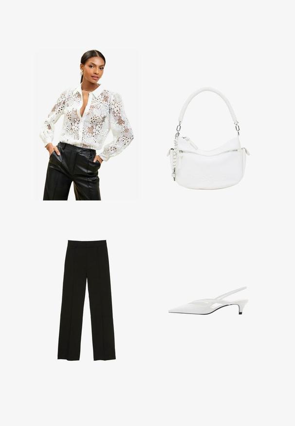 Bílá krajková blůza s květinovými vzory, s límečkem a zapínáním na knoflíky. Průhledná látka s dlouhými rukávy a nařasenými manžetami.; Černé široké kalhoty vyrobené z hladké tkaniny, s dobře padnoucím pasem a jemnými předními klíny pro zvýraznění textury.; Bílé slingback podpatky se špičatou špičkou, s hladkým svrškem, jemnými výřezy a nízkým blokovým podpatkem. Černá podrážka zvýrazňuje design.; Bílá kabelka z imitace kůže s křivkovým tvarem, texturovaným madlem, stříbrným kováním a zipovou kapsou. Obsahuje debossované logo.