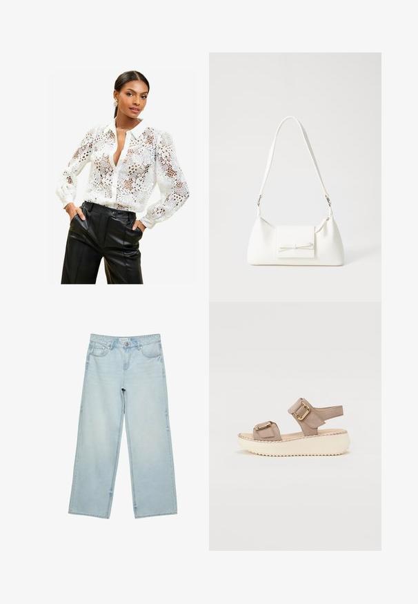 Blusa bianca in pizzo con motivi floreali, colletto e chiusura con bottoni. Tessuto trasparente con maniche lunghe e polsini arricciati.; Jeans a gamba larga di un blu chiaro in denim, con vita alta, cinque tasche e un leggero sbiadimento. Taglio dritto con bordi orlati.; Sandali sintetici beige con due fasce regolabili e accessori in oro su una suola spessa di colore crema con una trama testurizzata.; Borsa sintetica bianca a forma triangolare, con patta anteriore piatta e dettaglio a fiocco, tracolla regolabile, texture liscia e design minimalista.