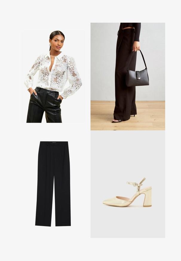 Valge pitsist pluus, millel on lillemustrid, krae ja nööbiga sulgemine. Läbipaistev kangas, pika varrukaga ja kogutud mansettidega.; Mustad püksid sirgjoonelise disainiga, millel on kaks esist taskut ja muudatus. Valmistatud siledast, kergekaalulisest kangast.; Kuldmetallist kontsaking, millel on terav nina, ankle strap ringikujulise lukuga ja paksem kontsadisain. Sile tekstuur.; Must musta kott, millel on struktureeritud kuju, sile tekstuur ja metallist klamber. Kombineeritud laiate mustade pükstega ja avatud varvaste sandaalidega puidust põrandal.