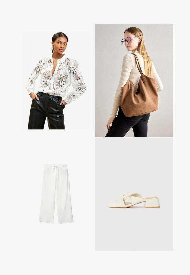 Hvid blonde bluse med blomster mønstre, krave og knaplukning. Gennemsigtigt stof med lange ærmer og samlede manchetter.; Hvide bukser med vidde lavet af blødt stof, med bindebånd i taljen og to forlommer. Glat tekstur og uden synlige mønstre.; Cremefarvede blokhælede sandaler med snoede stropper og en flad tåbund. Glat syntetisk materiale med en mat finish.; Brun ruskind tote taske med blød tekstur, stor åbning og lange stropper. Har et enkelt design med synlige syninger og ingen hardware.