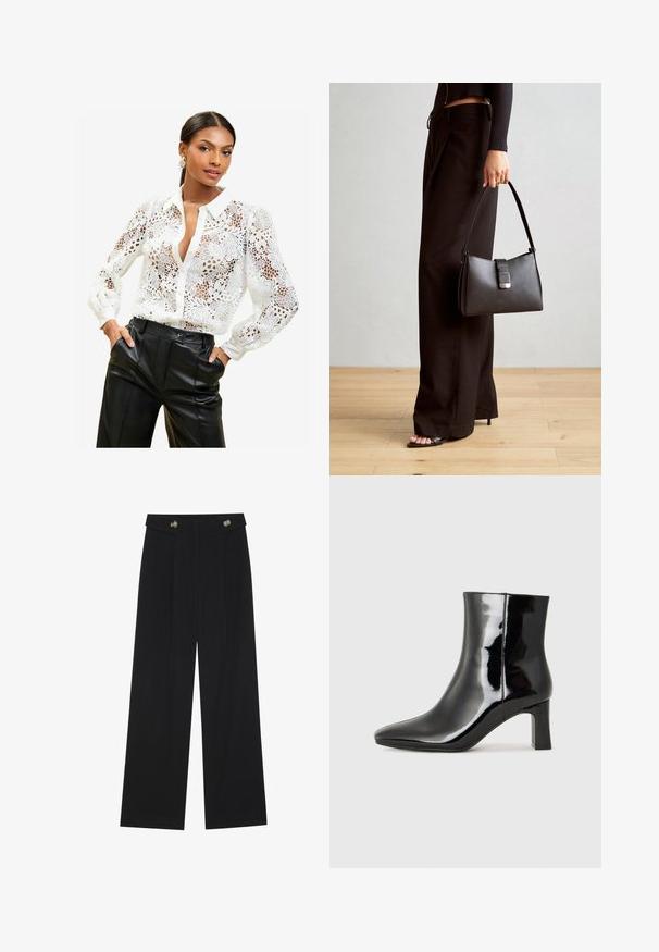 Valkea pitsipaita, jossa on kukkakuviot, kauluspääntie ja nappikiinnitys. Läpinäkyvä kangas, jossa on pitkät hihat ja kerätyt hihansuut.; Mustat leveälahkeiset housut, joissa on korkea vyötärö, napit vyötärönauhassa ja etupuolella laskokset.; Musta patenttilakattu nilkkuri, jossa on terävä kärki ja keskipitkä lohkarekorko. Silkkinen pinta ja minimalistinen muotoilu.; Musta käsilaukku, jossa on rakenteellinen muoto, sileä pinta ja metallinen solki. Yhdistetty leveisiin mustiin housuihin ja avonaiheisiin sandaaleihin puulattialla.