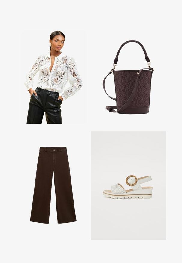 Bílá krajková blůza s květinovými vzory, s límečkem a zapínáním na knoflíky. Průhledná látka s dlouhými rukávy a nařasenými manžetami.; Hnědé kalhoty širokého střihu z bavlněné směsi, s třepicí na lemu, předním zapínáním na knoflík a klasickým designem pěti kapes. Minimalistické a univerzální.; Bílé kožené sandály s tkanou texturou, nastavitelné popruhy na patě a velkým kulatým dřevěným akcentem na boku. Nízká wedge podrážka.; Hnědá pletená kabela ve tvaru kyblíku se hladkým koženým dnem, horním držadlem a nastavitelného ramenního popruhu. Obsahuje zlaté hardwarové akcenty.