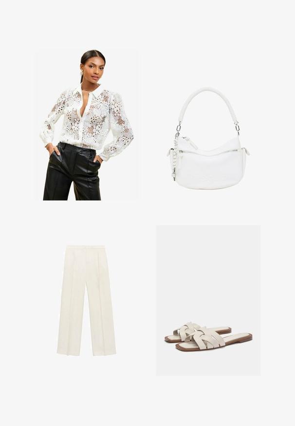 Blusa bianca in pizzo con motivi floreali, colletto e chiusura con bottoni. Tessuto trasparente con maniche lunghe e polsini arricciati.; Pantaloni a gamba larga di un leggero colore crema. Realizzati in un tessuto morbido con pieghe sul davanti e tasche laterali.; Infradito beige chiaro con cinturini intrecciati, dotati di suola piatta e design minimalista. Texture liscia con accenti di colore a contrasto delicati.; Borsa bianca in ecopelle con una forma curva, manico texturizzato, accessori in argento e una tasca con zip. Presenta un logo in rilievo.