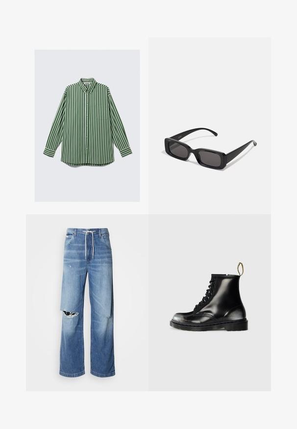 Férfi hosszúujjú gombos ing függőleges zöld, fehér és barna csíkokkal, elülső zsebből és gombos gallérral.; Fehér, rövid ujjú póló, pamutból készült, kerek nyakkivágással és laza, egyenes szabással. Nincsenek minták vagy díszítések.; Világoskék farmernadrág laza szabással, fehér húzózsinóros derékpánttal, a elején jellegzetes szakításokkal, amelyeken cérnával szelektált szélek láthatók.; Fekete bőr bokacsizmák fényes felülettel, nyolc fűzőlyukkal, fekete cipőfűzővel és húzófüllel. Mintás talppal rendelkezik.; Fekete, téglalap alakú napszemüveg sötét lencsékkel, fényes felülettel, széles szárakkal és masszív keret designnal. Az egyik szárra gravírozott márkanevével.