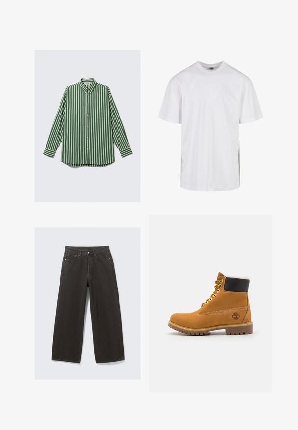 Herren langärmliges Hemd mit Knopfleiste, vertikalen grünen, weißen und braunen Streifen, einer Brusttasche und einem Button-Down-Kragen.; Hvit bomull t-skjorte med rund hals og korte ermer. Designet er enkelt uten mønstre eller detaljer.; Bredde ben svart denim jeans har høy midje, fem lommer og knappestolpe. Stoffet har en myk, strukturert overflate.; Brune lær ankle boot med metaløyer, hvit pelsforing, svart polstret krage, robust såle og preget logo på siden.