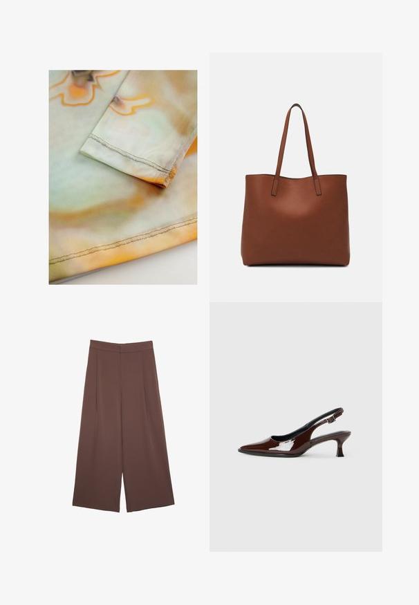 Tessuto morbido e leggero con un motivo ondulato arancione e verde. Presenta un orlo cucito con cura lungo il bordo della manica.; Pantaloni ampi marroni con una texture liscia, caratterizzati da una vita alta e pieghe frontali. Il tessuto è leggero e scorre liberamente.; Scarpa slingback in pelle verniciata marrone con punta affusolata e tacco moderato. Presenta una fascia con fibbia per una calzata sicura. Tessuto liscio.; Borsa tote in pelle marrone con texture liscia, design con apertura superiore e due spallacci. Presenta cuciture minime e nessun hardware visibile.