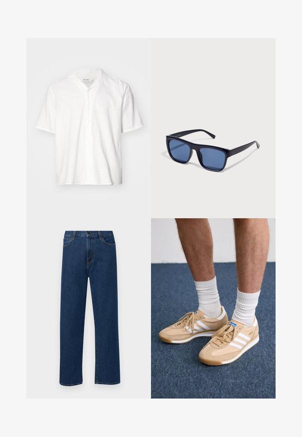 Fehér, rövid ujjú lening ing, gallérral, gombos elejével és laza szabásával. Sima textúrájú, természetes, légies megjelenésű.; Sötétkék, egyenes szárú farmernadrág, elülső zsebekkel és gombos záródással, sima fehér háttéren bemutatva.; Beige velúr sportcipők fehér csíkokkal és fűzőkkel. Jellemzője a strukturált felsőrész, a puha talp és a kék logó címke a nyelvén.; Fekete műanyag napszemüveg téglalap alakú kerettel, kék árnyalatú lencsékkel és vékony oldalsó pántokkal, fényes felülettel.