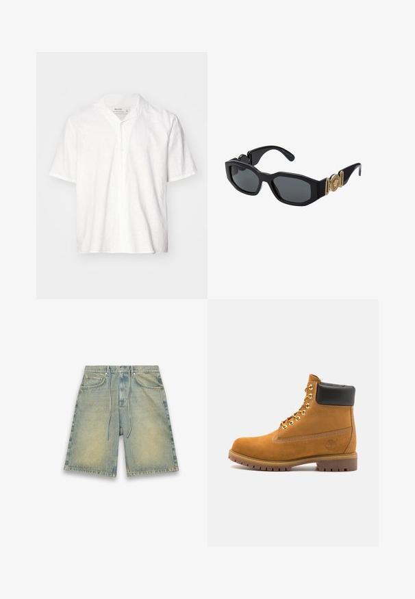 Valkoinen lyhythihainen pellavapaita, jossa on kaulus, napitettava etuosa ja rento muotoilu. Suunnittelultaan sileä ja luonnollinen, ilmava.; Vaaleansiniset farkkushortsit, joissa on joustava naruvyötärö, etutaskut ja haalistunut pinta. Ominaisuuksiin kuuluu hienovarainen värimuutos ja suora leikkaus.; Valkoinen nahkainen nilkkuri mustalla pehmustetulla kauluksella, kultaisilla metallisilla rei'illä, valkoisella ompeluksella ja jykevällä kumipohjalla, jossa on selvästi näkyvät urat.; Mustat aurinkolasit, joissa on paksu geometrinen runko, tummat linssit ja kultaiset metallikoristeet temppeleissä, joissa on pyöreä symboliyksityiskohta.