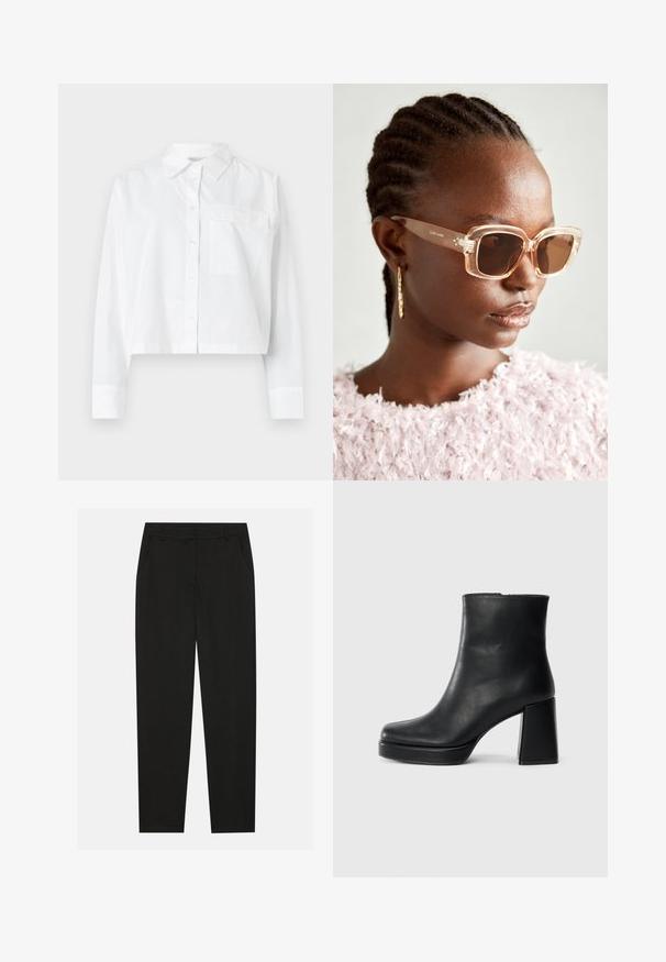 Camisa blanca cortada de botones hecha de tejido ligero, que presenta un cuello clásico, mangas largas y un bolsillo en el pecho.; Pantalones negros con un diseño ajustado, que cuentan con bolsillos laterales y pierna recta. Fabricados con una tela suave y liviana con un acabado elegante.; Botín de cuero negro con tacón cuadrado y suela de plataforma, visto de lado sobre un fondo blanco liso.; Gafas de sol beige de gran tamaño con una montura transparente y lentes tintados marrones, que presentan sutiles acentos florales y un diseño geométrico audaz.