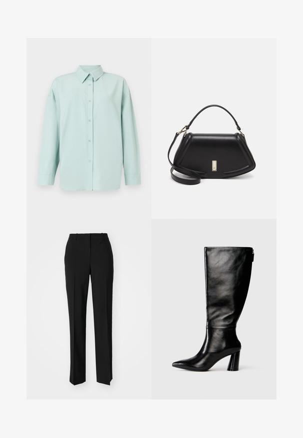Light mint green button-up shirt with a collar, long sleeves, a straight cut, and five front buttons. Soft-textured fabric.; Black tailored trousers with a straight-leg design, featuring a smooth texture and crisp creases along the front. No visible hardware.; Knee-high black leather boot with a pointed toe, smooth texture, and a chunky heel. Features a zipper detail at the back.; Black leather handbag with a structured design, featuring a cropped shape, top handle, and gold hardware accent. Adjustable shoulder strap included.