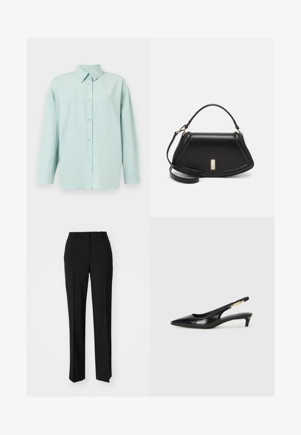 Light mint green button-up shirt with a collar, long sleeves, a straight cut, and five front buttons. Soft-textured fabric.; Black tailored trousers with a straight-leg design, featuring a smooth texture and crisp creases along the front. No visible hardware.; Black leather slingback heels with a pointed toe, featuring a slim heel and a gold-tone accent on the adjustable strap. Smooth texture.; Black leather handbag with a structured design, featuring a cropped shape, top handle, and gold hardware accent. Adjustable shoulder strap included.