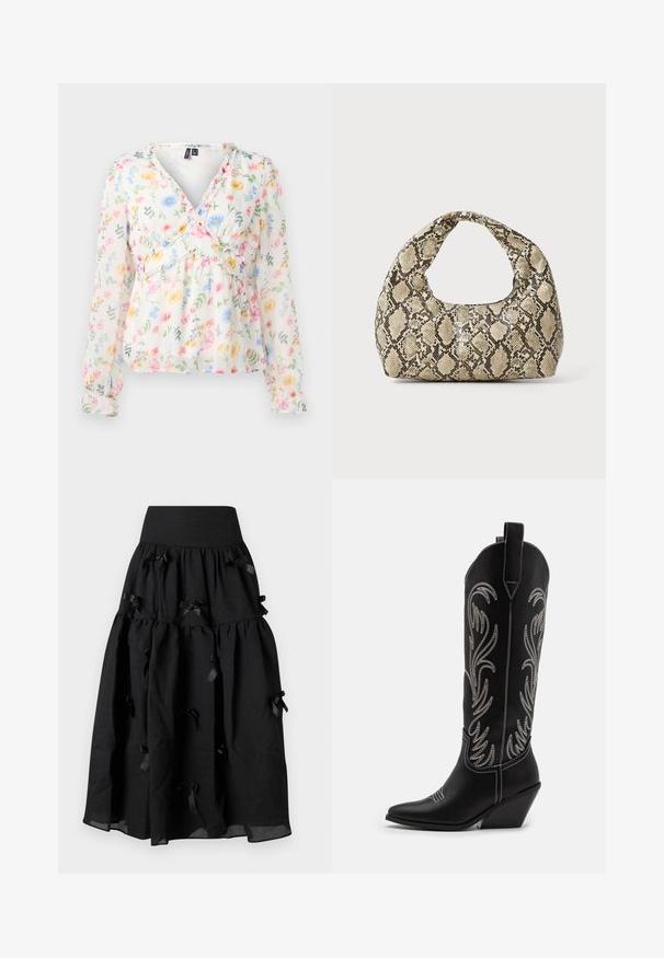 Lillelilledega pluus pikkade varrukatega, kerge läbipaistvast kangast, V-dekoltee, smockitud vöökoht ja erksad lillemustrid roosa, sinise ja kollase värviga.; Sister Jane BIRDIE BOW MIDI SKIRT - A-lõikeline seelik - black; Mustad mustad nahast cowboy saapad terava ninaga, vööndkanna ja hõbedaste tikanditega lillemustritega varred. Kontrastõmblused üle kogu.; Musta käärmeprindiga kott kõveraga käepidemega. Valmistatud tekstiilsetest, beežidest ja pruunidest materjalidest, millel on iseloomulik rombikujuline muster.