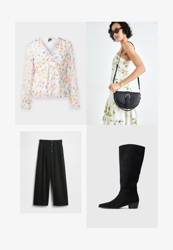 Bluzka w kwiatowy wzór z długimi rękawami, w lekkim, przezroczystym materiale, z dekoltem w serek, marszczonym pasem oraz kolorowymi kwiatowymi motywami w odcieniach różu, niebieskiego i żółtego.; Szerokie czarne spodnie wykonane z teksturowanej tkaniny. Posiadają wysoki stan, zapięcie na pięć guzików z przodu oraz prasowane fałdy dla dodatkowego detalu.; Czarne zamszowe muszki do kolan z niskim obcasem blokowym i spiczastym noskiem, zaprezentowane w widoku bocznym na jednolitym jasnoszarym tle.; Czarna skórzana torebka o zakrzywionym kształcie, z odpinanym paskiem i złotymi akcentami. Torebka posiada klapę z zapięciem w kształcie klamry.