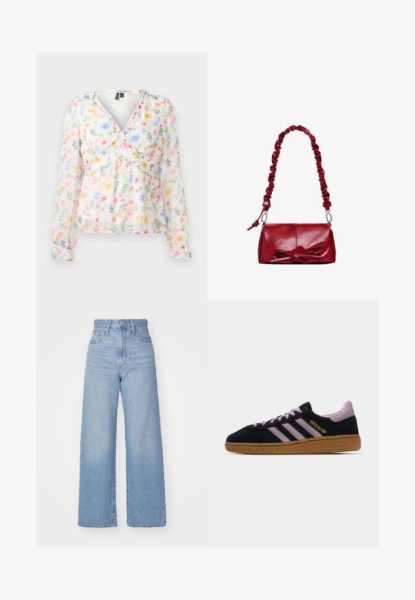 Blusa floreale con maniche lunghe, tessuto leggero e trasparente, scollatura a V, vita arricciata e motivi floreali colorati in rosa, blu e giallo.; Jeans a vita alta blu chiaro con gamba larga, chiusura frontale con bottone e zip, tasche anteriori e posteriori, su uno sfondo bianco.; Sneaker in suede nera e rosa con suola in gomma, tre strisce rosa, branding dorato "SPEZIAL" e suola in gomma testurizzata. Design basso.; Borsa a tracolla in pelle rossa con una tracolla arricciata e un fiocco decorativo sul davanti. Texture liscia, forma rettangolare, dettagli in metallo argentato.; Orecchini in metallo dorato che presentano una forma curva a mezzaluna e una forma rettangolare, entrambi con superfici lisce e lucide.