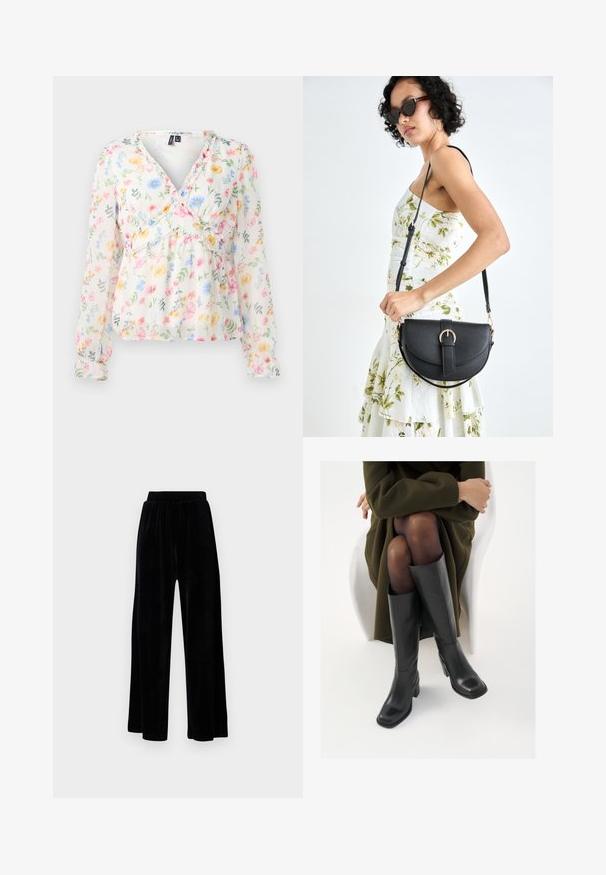 Blomstermønstret bluse med lange ærmer, let gennemsigtigt stof, v-hals, smocket talje og farverige blomstermønstre i pink, blå og gul.; Sorte vide bukser laget av myk vernet, med elastisk midjebånd og en jevn tekstur, uten synlige detaljer eller mønstre.; Knæhøye sorte lærstøvler med firkantet tå og blokkhelt, vist med en modell som sitter iført en olivengrønn kåpe. Glatt tekstur, minimal detaljering.; Svart lærveske med en buet form, avtagbar stropp og gullbeslag. Vesken har et klaff med spenne-detall.