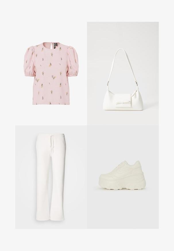 Blusa rosa con texture e maniche a sbuffo, caratterizzata da un motivo floreale giallo e viola. Collo rotondo con una piccola apertura a forma di chiave sul retro.; Pantaloni della tuta bianchi, a vestibilità ampia, realizzati in tessuto morbido, con vita elastica dotata di laccetto e design a gamba dritta.; Sneakers bianchi con piattaforma, caratterizzati da una parte superiore simile alla pelle liscia, forma arrotondata, collo imbottito e suola in gomma testurizzata con scanalature ben definite.; Borsa sintetica bianca a forma triangolare, con patta anteriore piatta e dettaglio a fiocco, tracolla regolabile, texture liscia e design minimalista.