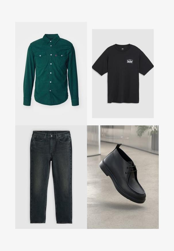 Levi's® BARSTOW WESTERN STANDARD - Cămașă - python green; Tricou negru din bumbac, cu mâneci scurte, guler rotund și o mică imprimare albă pe piept, având un design stilizat.; Blugi din denim de culoare albastru închis, cu croi drept, având cinci buzunare, fermoar și cusături în contrast. Ușor uzate pe material.; Pantof cu piele neagră, cu o textură netedă, vârf rotunjit și sistem de șiret; prezintă o talpă de profil joasă și o bucată de prindere în spate.