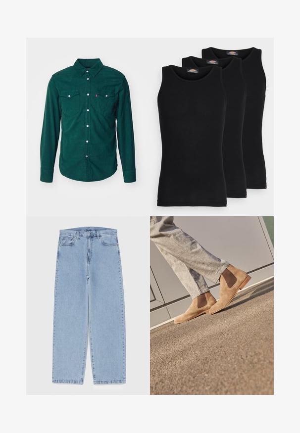 Levi's® BARSTOW WESTERN STANDARD - Hemd - python green; Schwarze Tanktops im Dreierpack. Gerippte Textur, klassischer Rundhalsausschnitt, ohne Ärmel. Der Saum hat am unteren Ende ein kleines Markenlogo.; Hellblaue Jeans aus Denim mit geradem Bein, ausgestattet mit einer mittelhohen Taille, fünf Taschen sowie einem Knopf- und Reißverschluss.; Braune Wildleder Chelsea Boots mit elastischen Seitenpaneelen und einer glatten, tanfarbenen Gummisohle, kombiniert mit hellgrauen Hosen auf einer strukturierten Oberfläche.