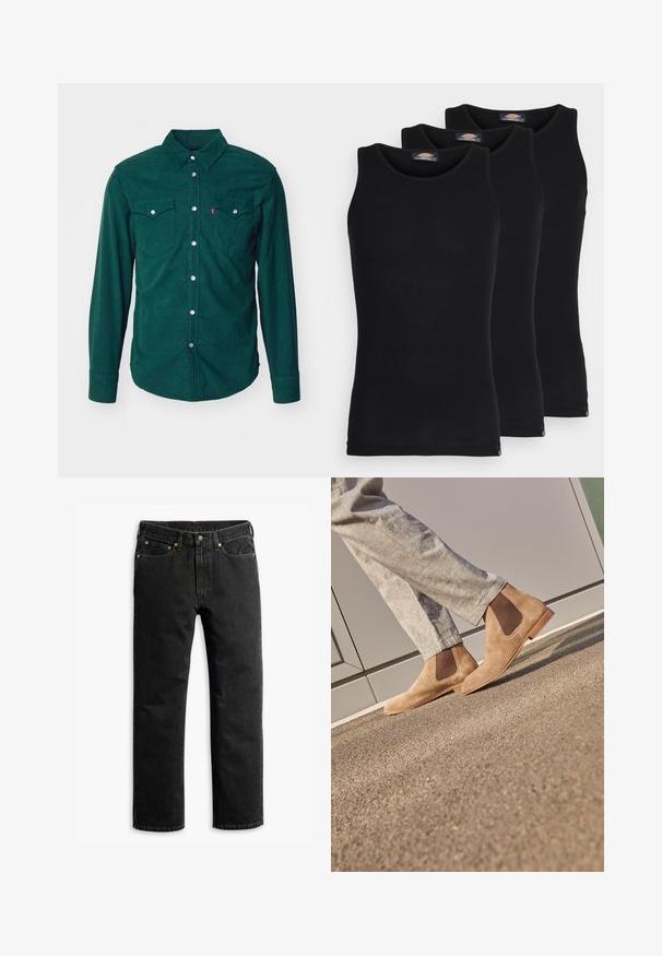 Levi's® BARSTOW WESTERN STANDARD - Pluus - python green; Mustad mustasid maikat, pakis kolm tükki. Ribidega tekstuur, standardne ümardatud kaelus, ilma varrukateta. Hemil on all väike brändi logo.; Mustavad sirged teksapüksid viie tasku, vöödega ja nupuga lukuga vöökohal, laialivalguva valge tausta peal.; Pruunist sametist Chelsea saapad elastsete külgpaneelidega ja siledast tan värvi kummitaldadega, koos heledate hallide pükstega tekstuurilisel pinnal.