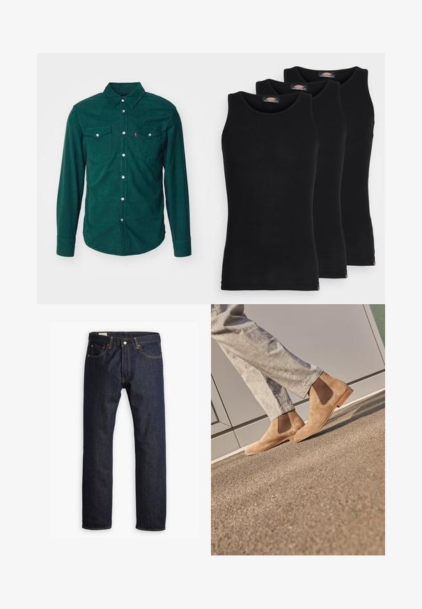 Levi's® BARSTOW WESTERN STANDARD - Camicia - python green; Magliette senza maniche nere in confezione da tre. Texture a coste, scollatura a giro standard. L'orlo presenta un piccolo logo del brand nella parte inferiore.; Jeans in denim blu scuro con un design a gamba dritta, cuciture arancioni e stile a cinque tasche con chiusura a bottone metallico.; Stivali Chelsea in camoscio marrone con pannelli elastici laterali e una suola in gomma liscia color tan, abbinati a pantaloni grigi chiari su una superficie texturizzata.