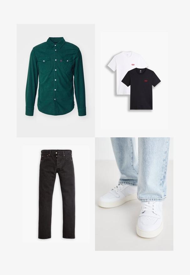 Levi's® BARSTOW WESTERN STANDARD - Skjorter - python green; To korteærmede T-shirts: en hvid og en sort. Begge lavet af bomuld med et rødt Levi's-logo på brystet. Enkel crew-neck design.; Sorte slim-fit jeans med knapåbning, fem lommer og kobbernitter liggende fladt på en hvid baggrund.; Hvide læder lav-top sneakers med perforerede tå, flade snørebånd og minimalistisk design. Kombineret med lyseblå denim jeans.