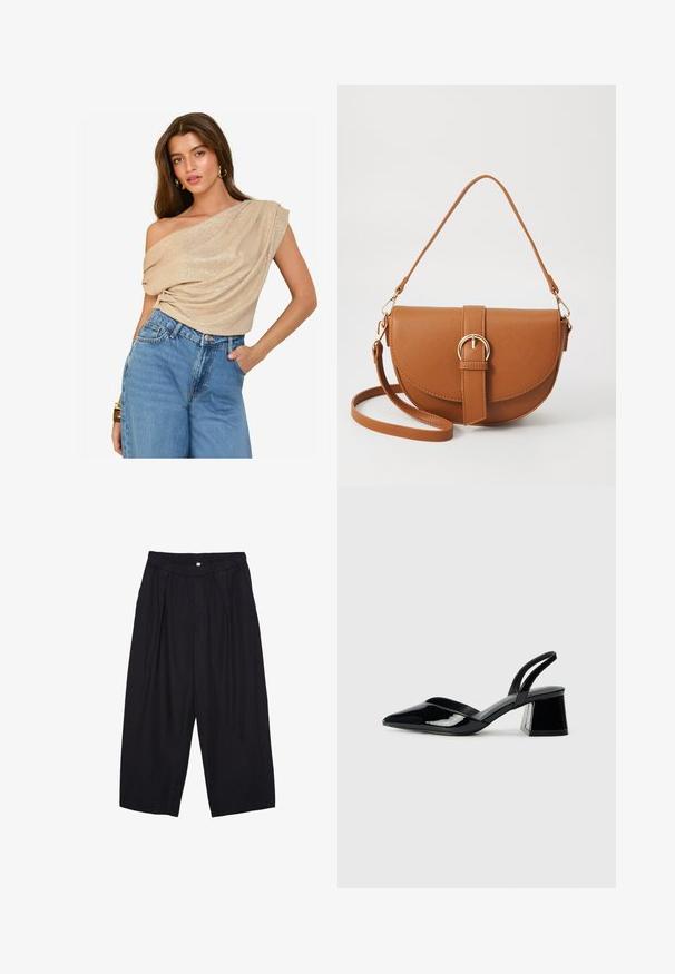 Beige, schulterfreies Oberteil mit drapiertem Stoff und leichtem Schimmer; kombiniert mit hochtaillierten, hellblauen Jeans. Weiche Textur, lässige Passform.; Schwarze Polyester-Culotte mit einem elastischen Bund, zwei vorderen Falten und einer lockeren Silhouette. Keine sichtbaren Muster oder Hardware-Details.; Schwarze Lackleder-Slingback-High Heels mit spitzem Schuh und einem geometrischen Blockabsatz. Verfügt über ein schlankes, minimalistisches Design und eine glatte Textur.; Braune Leder-Crossbody-Tasche mit geschwungener Form, goldfarbenen Beschlägen und einer Schnallenakzentuierung. Verfügt über einen abnehmbaren Schultergurt.