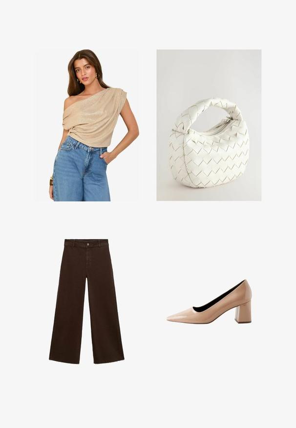 Beige top bez ramínek s drapovanou látkou a mírným leskem; v kombinaci s džínami v světle modré barvě s vysokým pasem. Hladký materiál, volný střih.; Hnědé kalhoty širokého střihu z bavlněné směsi, s třepicí na lemu, předním zapínáním na knoflík a klasickým designem pěti kapes. Minimalistické a univerzální.; Nude lakované pumpy s špičatou špičkou a blokovým podpatkem, které mají hladký, lesklý povrch a štíhlý, minimalistický design.; Bílá tkaná kabelka s zaoblenou rukojetí, vybavená zipovým uzávěrem a polstrovanou texturou. Hladký povrch a geometrický vzor na přední straně.
