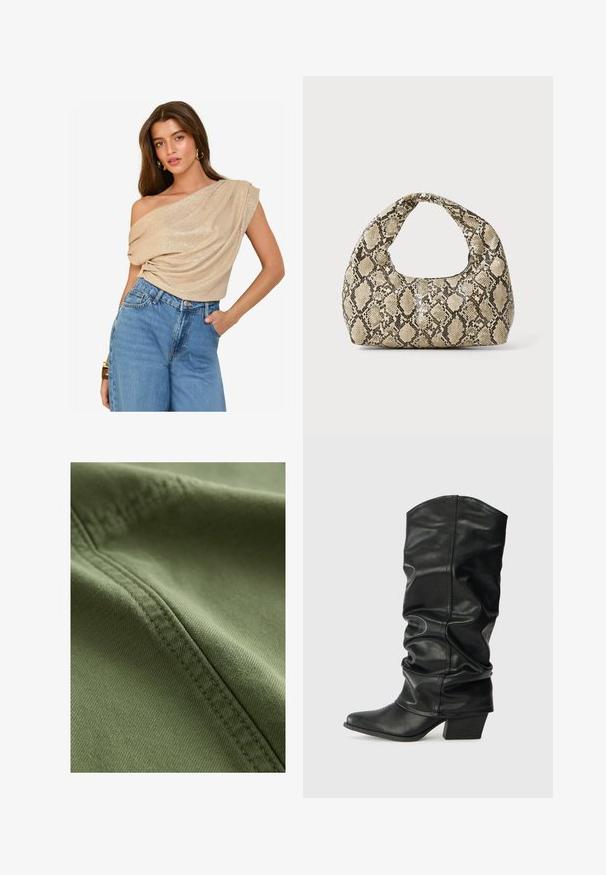Top beige con spalline scoperte, realizzato in tessuto drappeggiato e con una leggera lucentezza; abbinato a jeans in denim chiaro a vita alta. Texture liscia, vestibilità comoda.; Next Shorts di jeans - khaki green; Stivali neri in pelle, alti fino al ginocchio, con design morbido, punta affusolata e tacco spesso, caratterizzati da una texture liscia e cuciture minime.; Borsa a stampa rettile con manico curvo. Realizzata in materiali testurizzati beige e marroni, presenta un distintivo motivo a rombi.