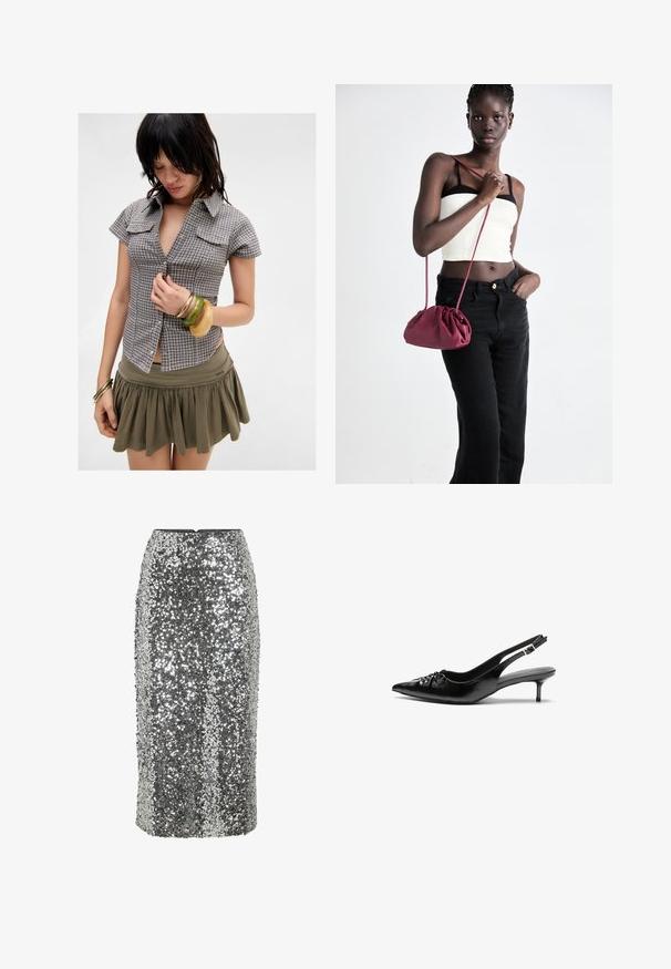 Kortärmad, rutmönstrad skjorta i grått och marinblått med bröstfickor; kombinerad med en grön kjol och flera staplade armband.; Silver paljettpennkjol med figurnära design, knälång och slät textur. Har en dold dragkedja bak.; Svarta läder slingback klackar med spetsig tå, liten kittenklack och en dekorativ knutdetalj på framsidan. Slät textur hela vägen.; Burgundy mjukt tyg handväska med en samlad design och en lång rem, bärs över kroppen. Modellen bär en vit crop top och svarta jeans.