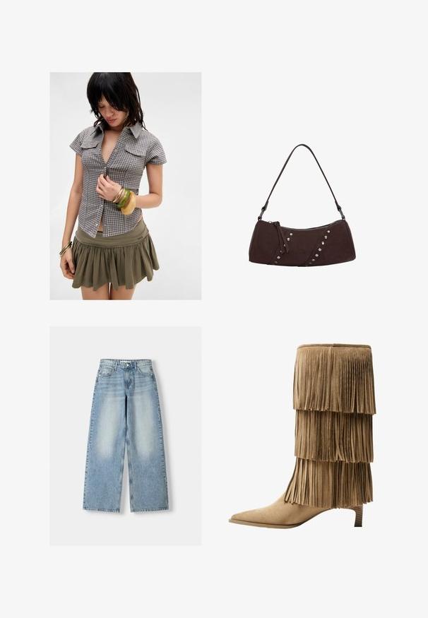 Lyhythihainen, ruudullinen napitettava paita harmaana ja tummansinisenä, rintataskuilla; yhdistetty vihreän hameen ja useiden kerrostettujen rannekorujen kanssa.; Vaaleansininen farkkukangas, leveälahkeiset farkut, joissa on korkea vyötärö, haalistunut pinta, viisi taskua ja suora leikkaus.; Fringe nilkkurit vaaleassa mokassa, joissa on kolme kerroksellista fringia. Teräväkärkiset ja matalalla blokkikorkealla varustetut. Tasainen pinta kauttaaltaan.; Ruskea synteettisestä nahasta valmistettu käsilaukku, jossa on kaareva muoto, vetoketjukiinnitys ja koristeellisia hopeanvärisiä niittejä yhden sivun varrella. Varustettu lyhyellä olkahihnalla.