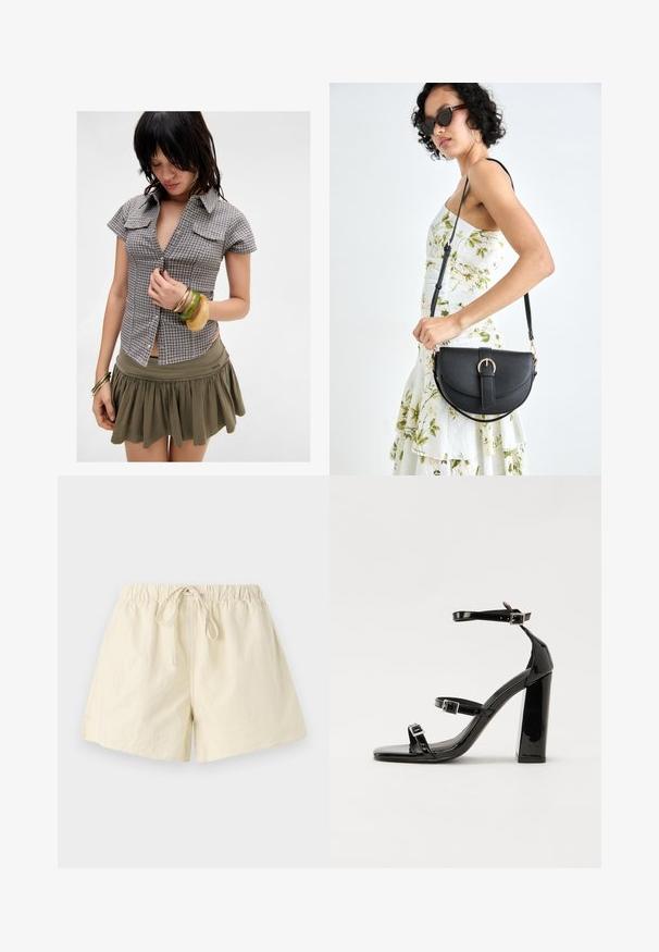 Trumpas rankovėmis, languotas marškinėliai pilkai ir tamsiai mėlynai su krūtinės kišenėmis; derinami su žalia sijonu ir keliais stovinčiais apyrankėmis.; Šviesiai smėlio spalvos šortai su elastine juostele ir surišimo virvele, pasižymintys laisvu įsiliejimu ir lygiu paviršiumi. Nėra matomų kišenių ar raštų.; Juoda blizgi lakuota basutė su kvadratiniu pirštu, kulkšnies dirželiais ir sidabro sagtimis. Yra tvirta blokinė kulno konstrukcija, užtikrinanti stabilumą.; Juodas odinis krepšys su išlenkta forma, nuimamu dirželiu ir auksiniais detalėmis. Krepšys turi kilpą su sagtimi.