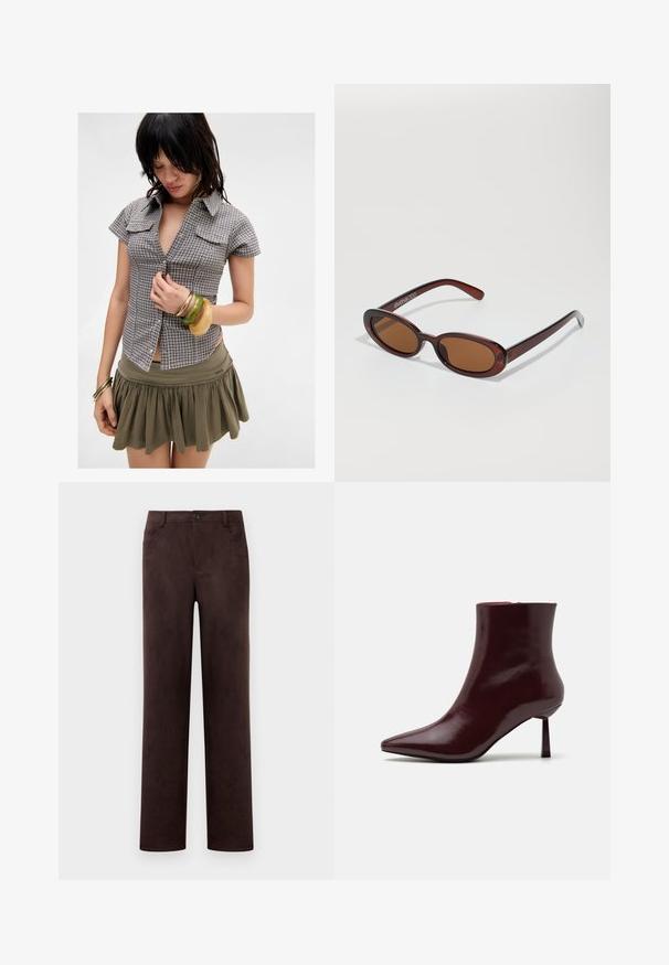 Korte mouwen, geruit overhemd in grijs en marineblauw met borstzakken; gecombineerd met een groene rok en meerdere gestapelde armbanden.; Rechtdoorgaande donkerbruine suede broeken met voorknop- en ritssluiting, riemlussen en zijzakken.; Bordeaux patentleren enkelboot met een spitse neus en een slanke stilettohak, met een gladde, glanzende textuur en een minimalistisch ontwerp.; Ronde, bruin getinte zonnebril met een glanzend bordeauxrood frame. Slanke pootjes met subtiele merkdetails. Vlakke lensontwerp.; Geweven bordeauxkleurige handtas met een afgeronde vorm en een enkele handgreep, voorzien van een gestructureerd oppervlak en een elastische trekkoordsluiting.