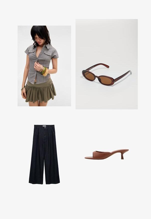 Košile s krátkým rukávem, kostkovaná, v šedé a námořnické barvě, s kapsami na hrudi; kombinovaná se zelenou sukní a několika naskládanými náramky.; Tmavě modré široké kalhoty s vysokým pasem, které mají zapínání na přední knoflík, dvě boční kapsy a švy.; Hnědé sandály na podpatku s otevřenou špičkou a hladkým, matným povrchem, které mají zakřivený design a průhledný, zúžený podpatek.; Kulaté sluneční brýle hnědé barvy s lesklým burgundským rámem. Úzké nožičky s jemným logem. Rovné čočky.