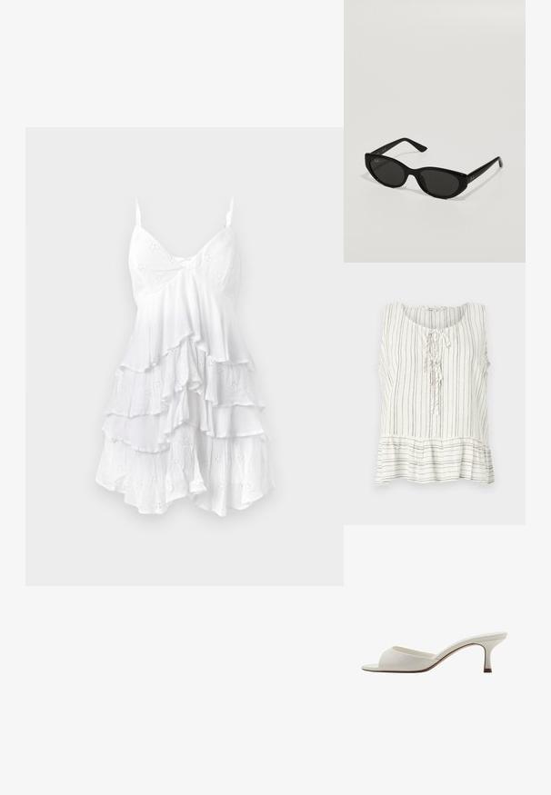 Ärmellose Leinenbluse in Weiß mit feinen braunen vertikalen Streifen. Verfügt über einen runden Ausschnitt, eine vordere Schleife und einen Peplum-Saum.; Weißes ärmelloses Kleid mit gerafften Lagen, aus leichtem Stoff mit Lochmuster und zarter Textur. V-Ausschnitt-Design.; Weiße, offene High-Heel-Mules mit glatter Oberfläche, minimalistischer Gestaltung und schlankem Absatz, ausgestattet mit einem subtilen braunen Akzent auf der Sohle.; Schwarze Sonnenbrille in schmaler Katzenaugenform. Aus glattem Kunststoff gefertigt, mit dunklen Gläsern und dezenten Logo-Akzenten an den Bügeln.