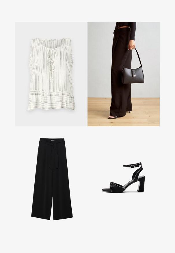 Valge linane ilma varrukateta bluus, millel on õhukesed pruunid vertikaalsed triibud. Omab ümarat kaelust, lipsuga esiosa ja peplumi allääret.; Mustad laiad püksid, millel on tekstureeritud kangas, elastne vöökoht ja eemaldatav pael vööst, et reguleerida sobivust.; Mustad nubukist kontsad mustade sandaalide avatud varvastega disain, laia ploki kontsaga ja reguleeritava pahkluu rihmaga, millel on kontrastne õmbluste detail.; Must musta kott, millel on struktureeritud kuju, sile tekstuur ja metallist klamber. Kombineeritud laiate mustade pükstega ja avatud varvaste sandaalidega puidust põrandal.