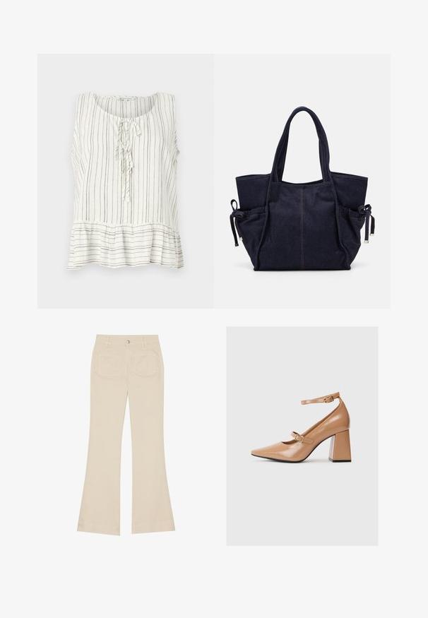 Bežbretna lanena bluzica u bijeloj boji s tankim smeškim vertikalnim prugama. Ima okrugli izrez, vezanje sprijeda i detalj peplum kroja na donjem rubu.; Bež široke hlače s visokim strukom, izrađene od pamučne tkanine. Imaju prednje i stražnje džepove, petlje za remen i jedan srebrni gumb.; Bež cipele s visokim potpeticama od patenta, s uperenim prstom, remenom oko gležnja i robusnom kvadratnom potpeticom. Glatka tekstura s sjajnim finišem.; Becksöndergaard LAUREL BAG - Velika torba - naval academy blue